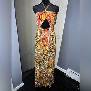Multi color Halter Maxi Dress with Slits